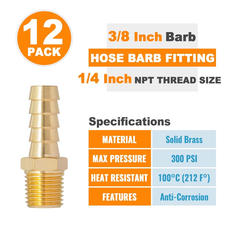 SUNGATOR 12-Pack 1/4" NPT to 3/8" Hose Barb Fittings, Brass Air Hose Fittings, 3/8" Barb to 1/4" NPT Male Thread Adapter, Brass Air Line Repair Connector Kit for Compressor, Gas, Auto Shop - Image 4